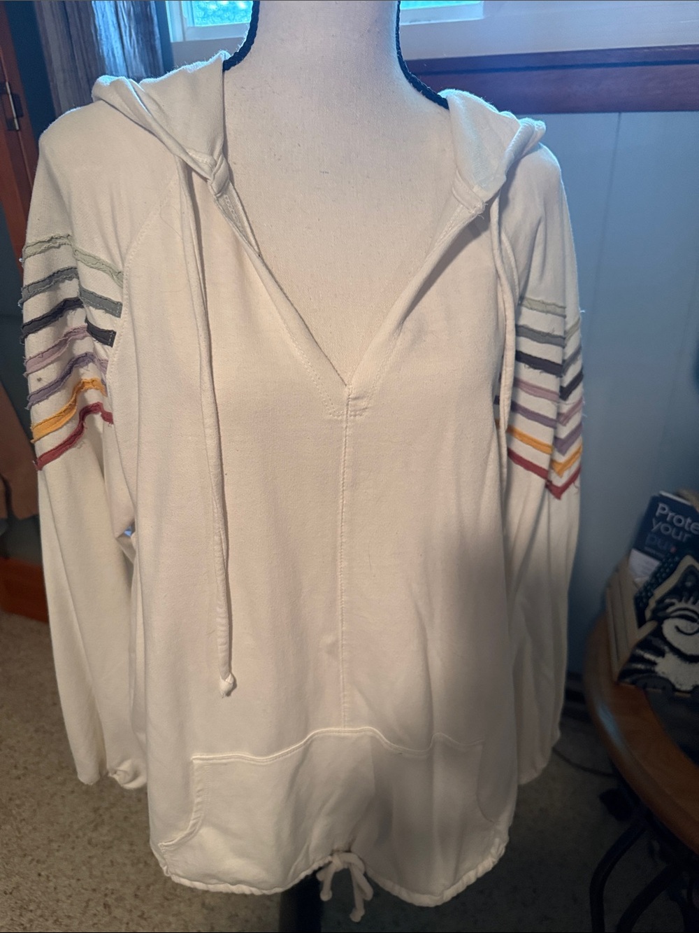 Maurice’s Women's Cream Hooded Pullover Sweater with Multicolor Stripe Sleeves